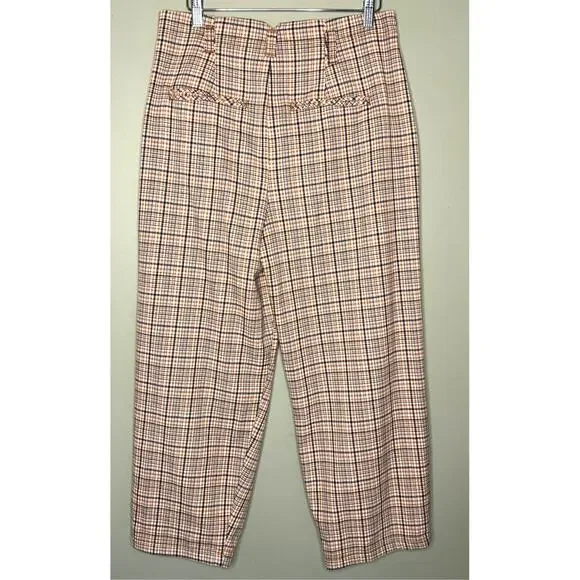 Free People Turning Point Barrel Leg Trousers Pants Neutral Combo Plaid Size 4 - Picture 3 of 14